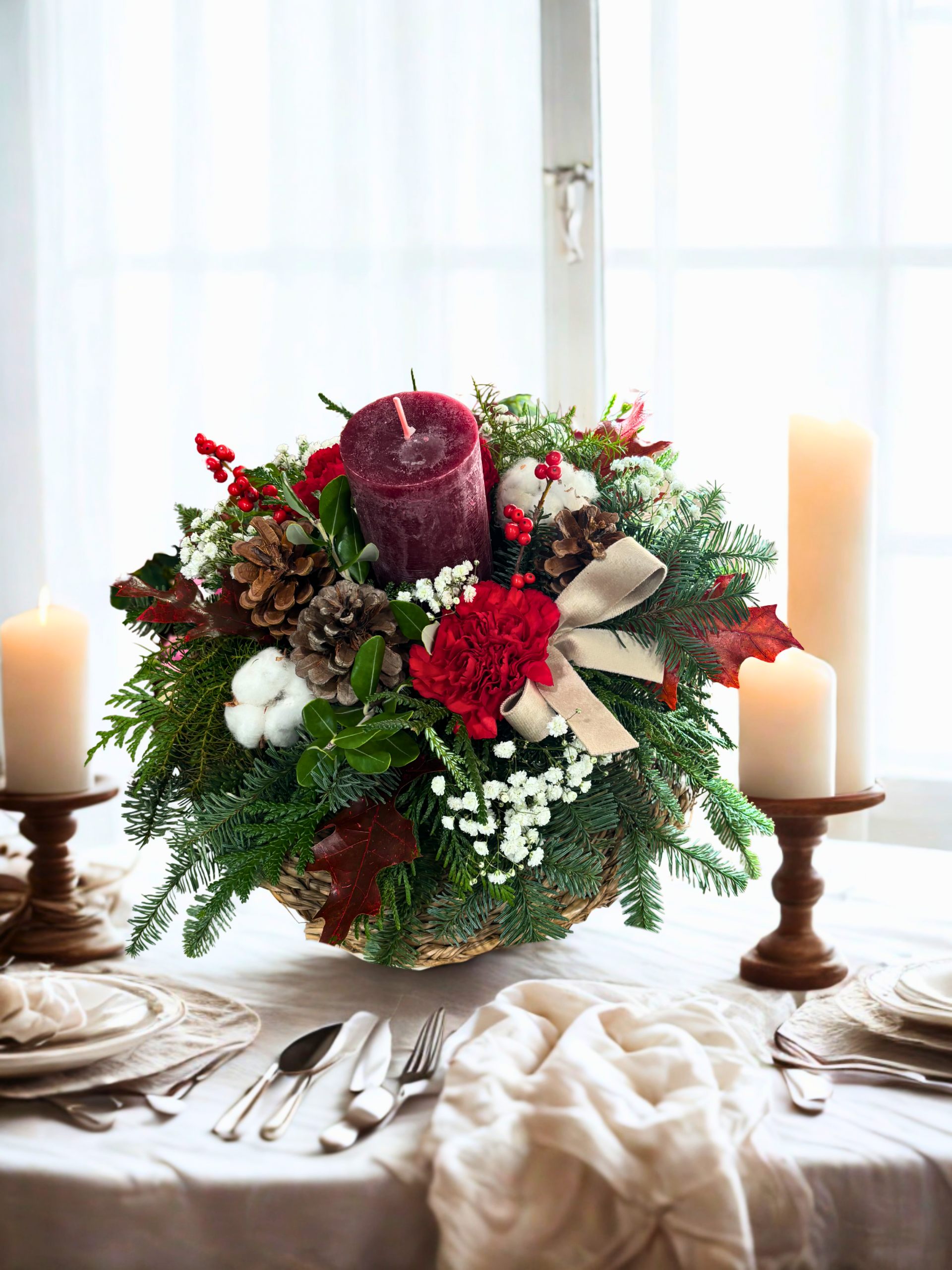 Centro de Navidad pequeño con vela granate, abeto, piñas, ilex, paniculata y lazo beige sobre mesa – Danka Floristas