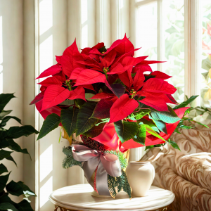 Flor de Pascua (Poinsettia) roja premium con lazo de satén sobre pedestal, decoración navideña – Danka Floristas