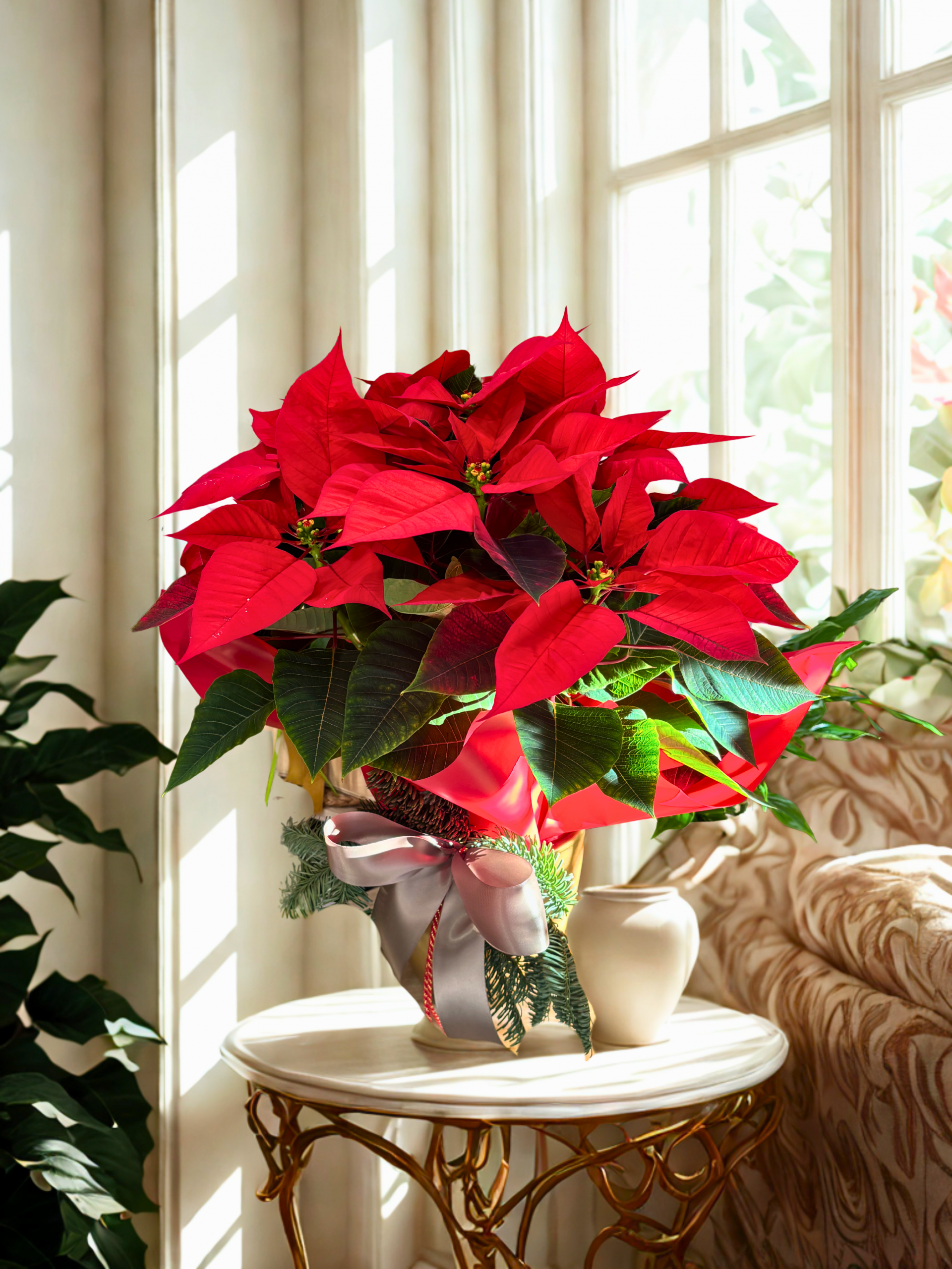 Flor de Pascua (Poinsettia) roja premium con lazo de satén sobre pedestal, decoración navideña – Danka Floristas
