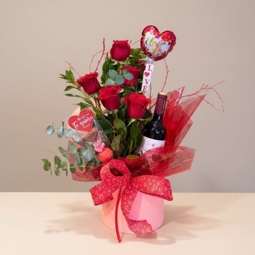 CESTA SAN VALENTÍN VINO Y ROSAS
